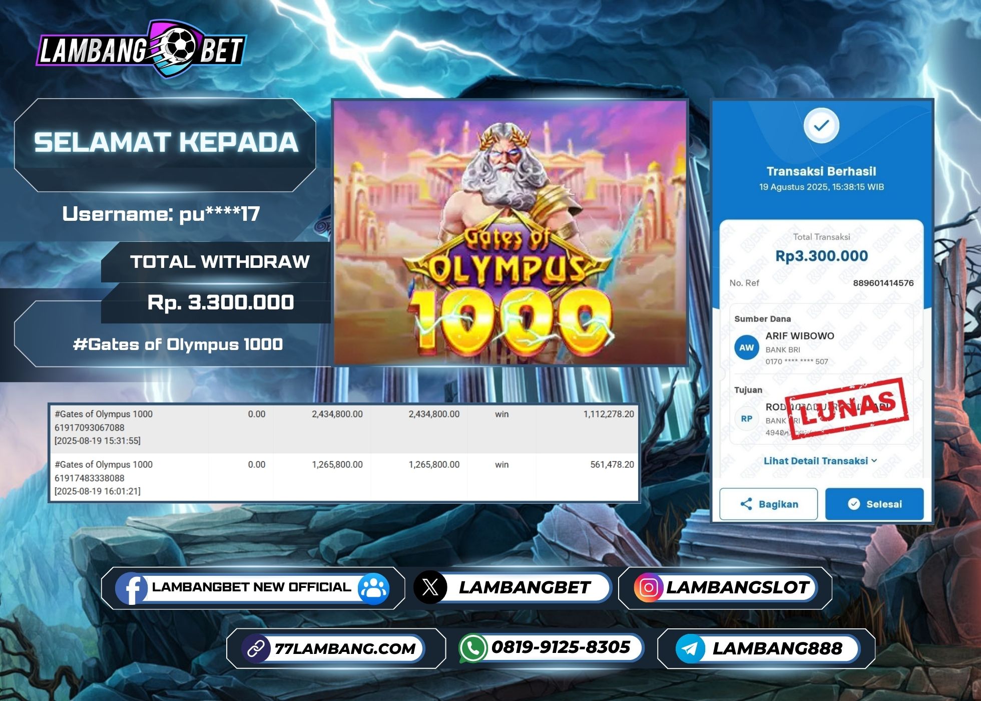LAMBANGBET [19 AUGUST 2025] JACKPOT SLOT Gates of Olympus 1000 "Rp3.300.000" LUNAS